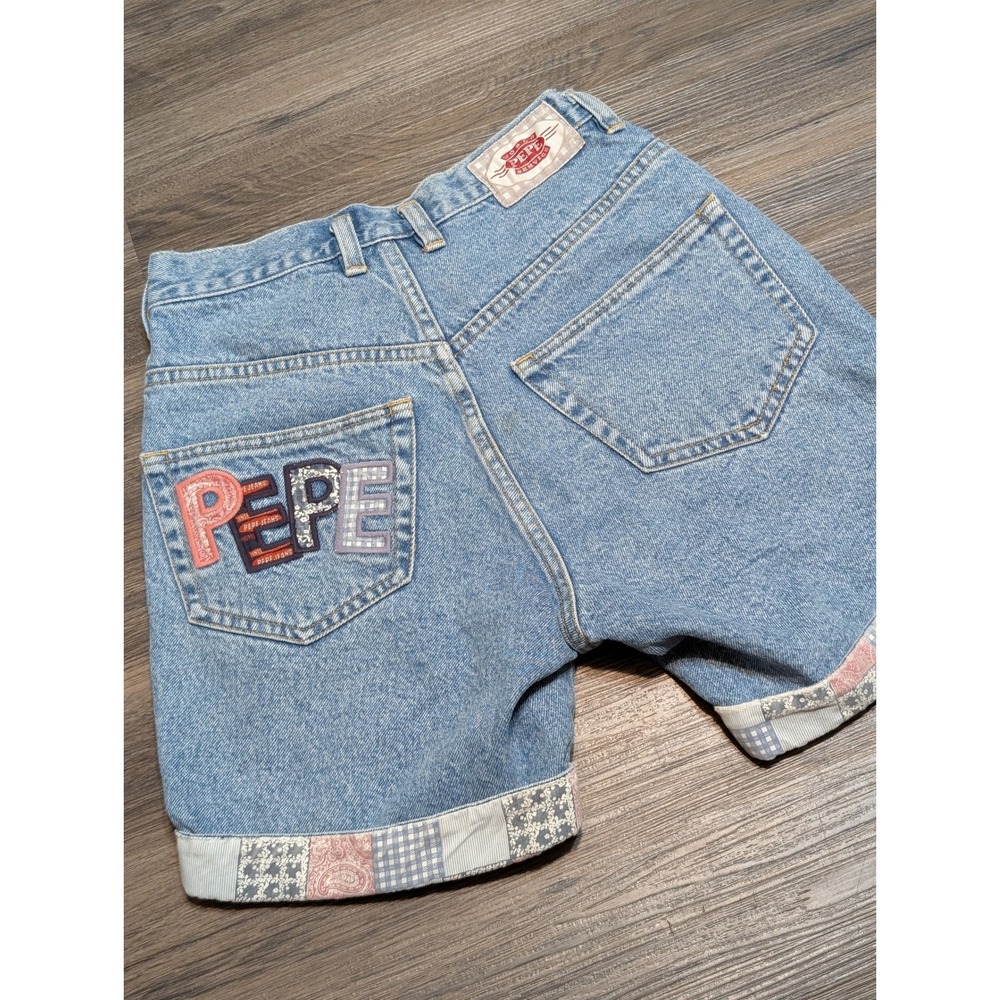 Vintage Pepe Jeans High Waisted Patchwork Cuff Denim Shorts Light Wash Mens 1/2